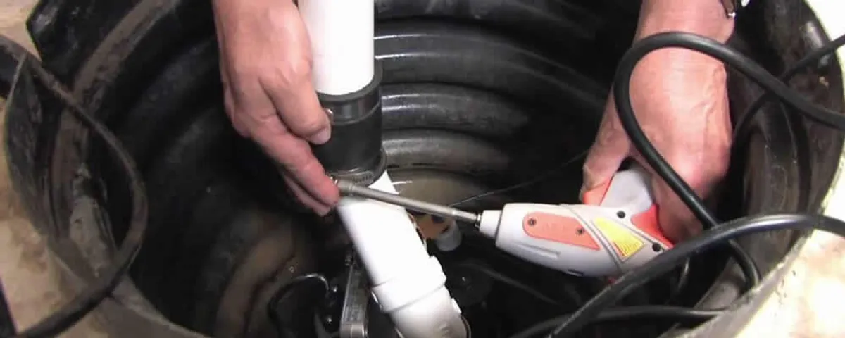 Sump pump installation technician connecting PVC discharge piping in New Orleans, LA